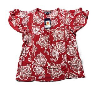 Nautica Women NWT Batik Rose Flutter Sleeve Top Ruffle Floral Red Small J171